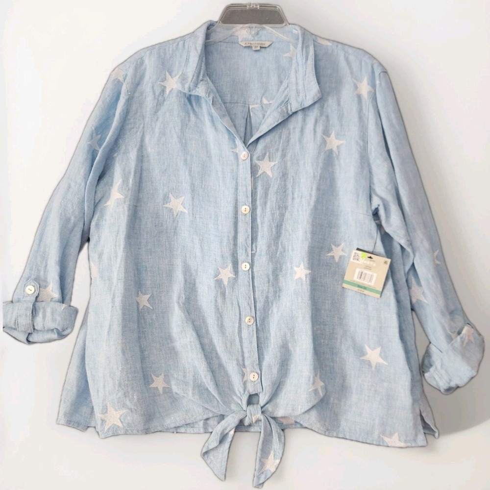 NWT JOHN MARK Women Blue Star Linen Button Down Shirt‎ Roll Tab Sleeve Resort 0X